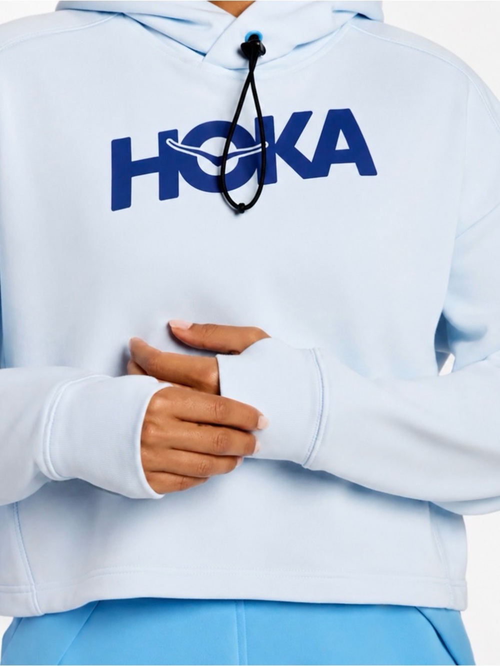 HOKA Light Blue Cropped French Terry Hoodie Thumbholes Small